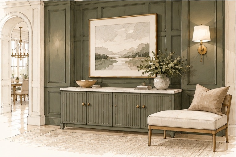 Accent walls — sage green paneled entryway with brass sconce and artwork
