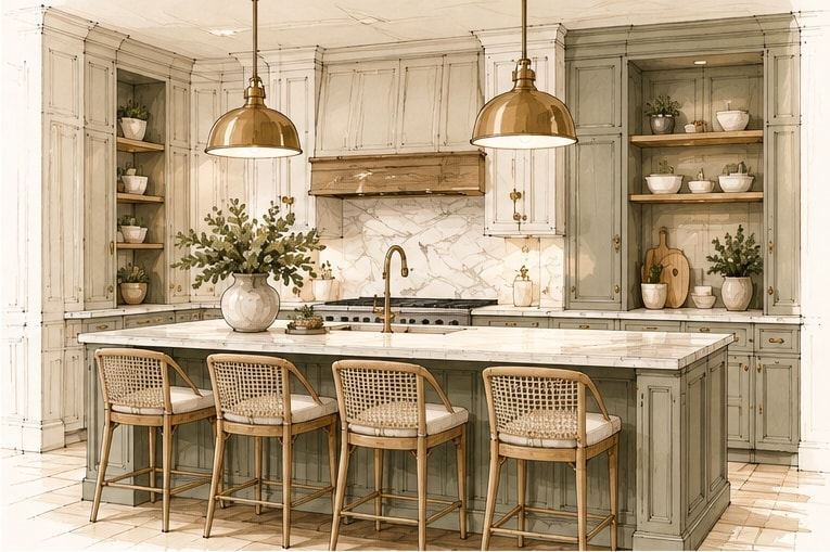 Cabinets and built-ins — sage green kitchen with marble and brass fixtures